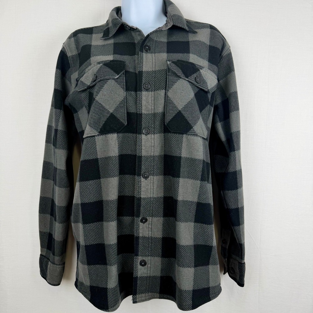 Wrangler Mens Fleece Shirt Jacket Gray Black Buffalo Plaid Flannel Small